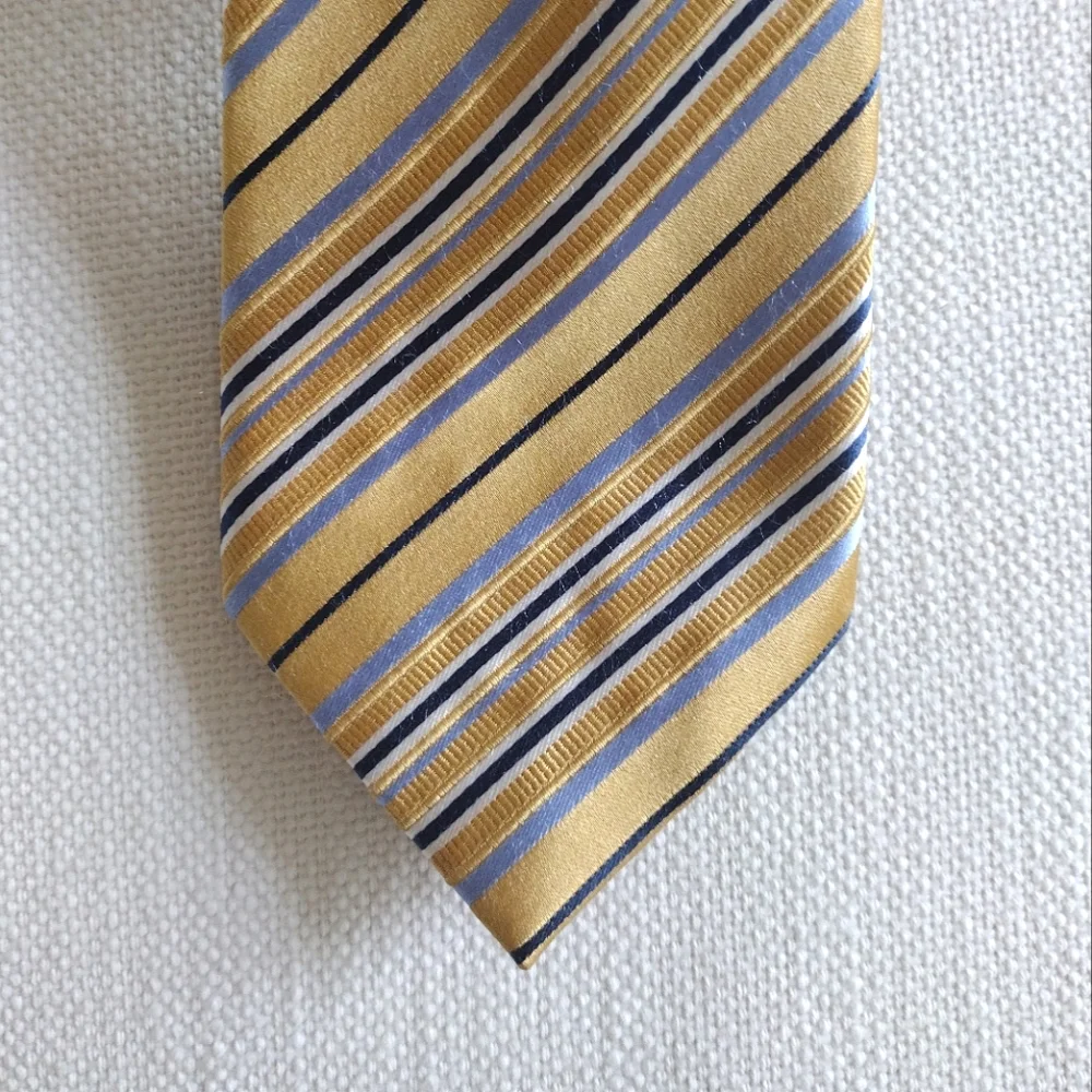 Silk Geoffrey Beene Gold, Silver, and Blue Striped Tie